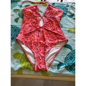 Cupshe Halter Neck Coral Pink Floral One-Piece Swimsuit Ruched Front Size Large
